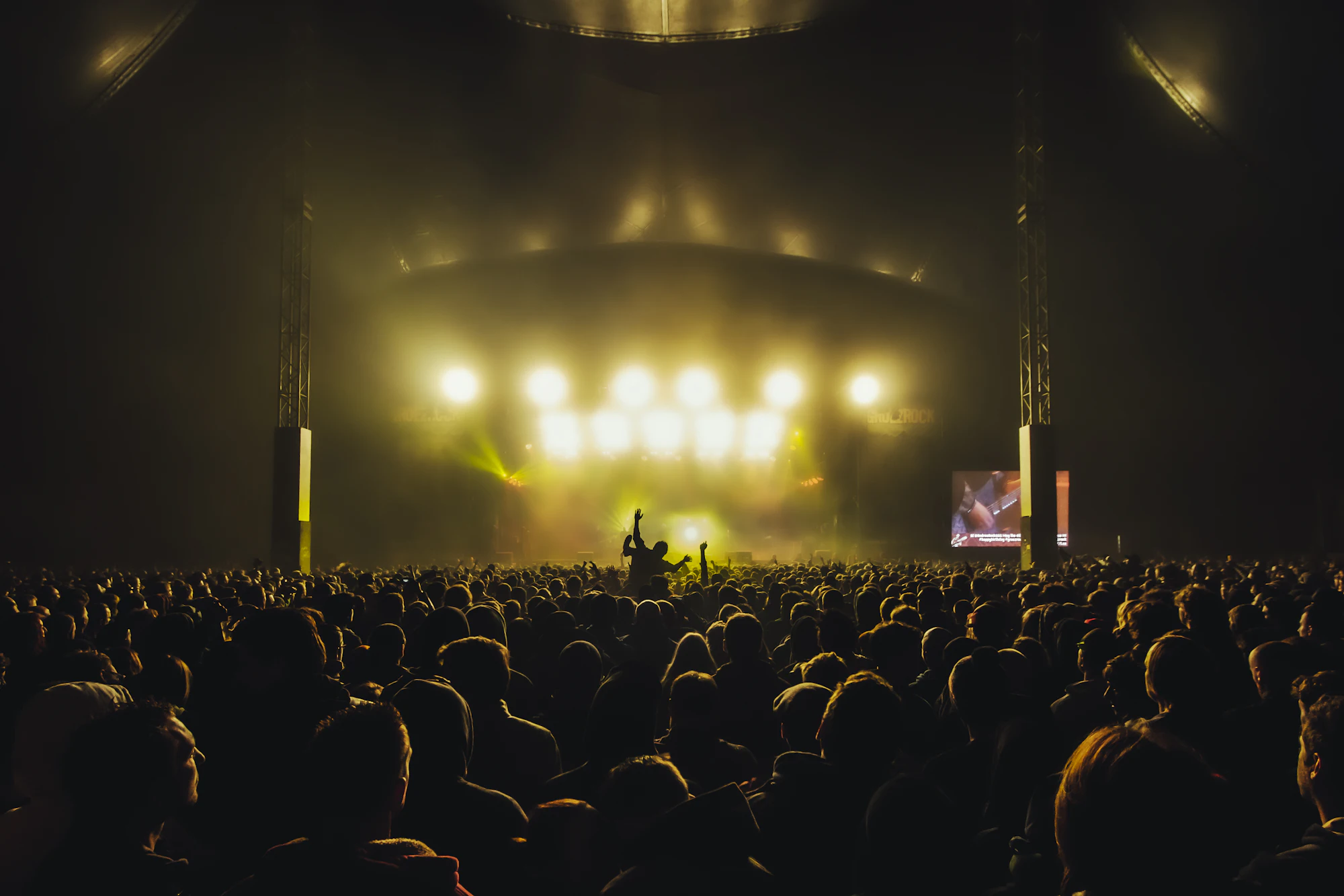 A crowd at an evening concert
