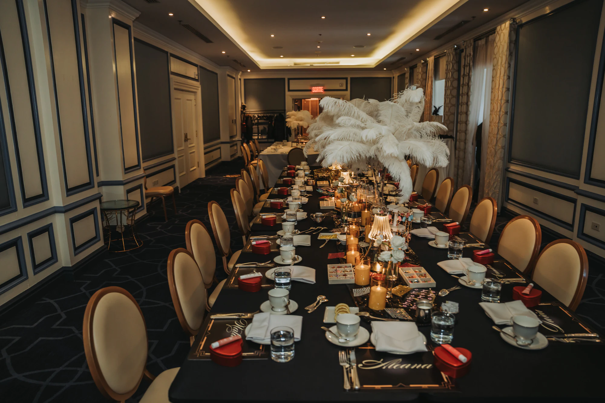 A long table set for a formal dinner
